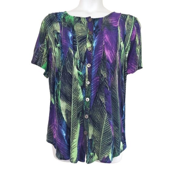 Roaman's Women's Plus Size Multicolor Tropical Leaf Print Button Front Top - Picture 1 of 6